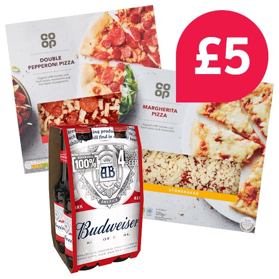 Co-op Pizzas and Budweiser